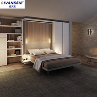 Lit mural convertible moderne en bois avec meuble TV intégré, étagère et armoire de rangement pliable pour optimiser l'espace, idéal pour les condos et les maisons.