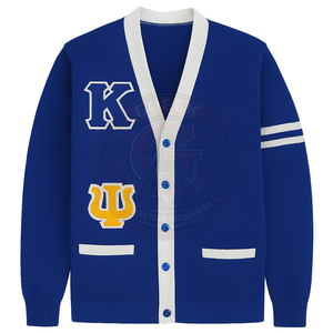 Cardigan en acrylique bleu roi pour homme, tricoté, avec logo brodé de lettres grecques, léger, style universitaire - Product Image 2