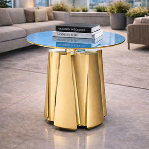 Mesa Auxiliar Contemporánea Glam con Acabado Dorado Pulido, Superficie Metálica Circular y Base Geométrica Artística, Mueble para Sala de Estar - Product Image 2