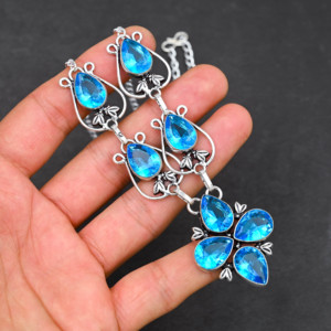 Collier en argent indien fait main, pendentif personnalisé en topaze bleue pour femme, mariage, fiançailles, vente en gros, bijoux de style classique - Product Image 3