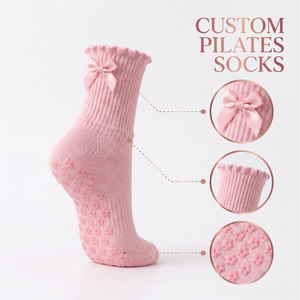 Custom Logo Bow Grip Socks Non <b>Slip</b> Pilates Yoga Barre Socks Cute Ruffle Cotton Crew Socks for Women OEM ODM Factory - Product Image 1
