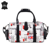 Bolsa de Viaje de Cuero Genuino con Acabado Brillante Personalizado, Diseño con Estampado de Londres, Marca Privada OEM/ODM, Venta al Por Mayor, Estilo de Viaje