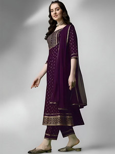 <b>Women</b> Purple Embroidered Rayon Anarkali <b>Kurta</b> Set Trousers Dupatta Traditional Indian Pakistani Wear Casual Regular Fit - Product Image 4