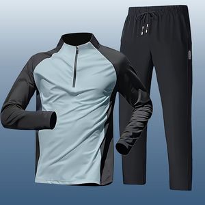 Men Winter Stand Collar Quick Dry Half Zip Sweatshirt Set <b>Raglan</b> Long Sleeve Sports <b>Top</b> Elastic Waist Track Pants for Gym - Product Image 2