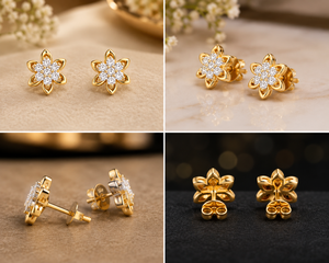 Boucles d'oreilles en or jaune 14 carats avec zircon, forme de fleur, luxe pour femmes, cadeau pour mariage ou fête - Product Image 5
