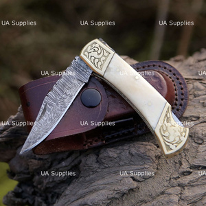 Custom Handmade Hunting Damascus Steel Straight Back Lock Folding <b>Knife</b> Leather Sheath Camel <b>Bone</b> <b>Handle</b> Brass Engraved Accents - Product Image 2