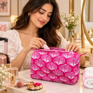 Pink Seashell Printed Cotton Quilted Makeup <b>Bag</b> Wholesale <b>Women</b> Travel Cosmetic Pouch Large Capacity Zipper <b>Toiletry</b> Organizer - Product Image 1