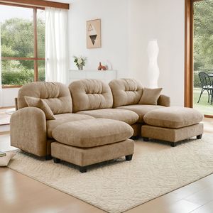 Divano Modulare a U in Tessuto Chenille Premium con Pouf, 2 Cuscini Decorativi, Schiuma ad Alta Densità Trapuntata e Plissettata per Soggiorno - Product Image 2