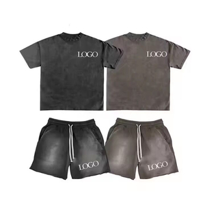 OEM Custom Logo Unisex Summer Men's 100% Cotton Breathable Oversized Vintage Two-Piece T-Shirt and <b>Shorts</b> <b>Set</b> - Product Image 1