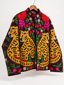 Women's Velvet <b>Sequined</b> SUZANI <b>JACKET</b> Crew Neck Drop Shoulder Floral Hand Embroidery Winter Boho Style Outerwear - Product Image 3
