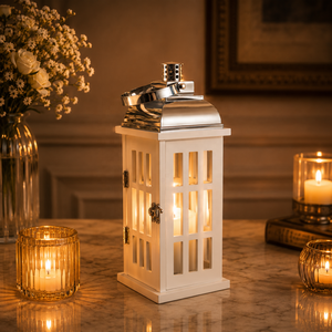 Classic Mango Wood and Metal <b>Lantern</b> with White Washed Finish for Home and Garden Decor Glass Candle Holder - Product Image 3