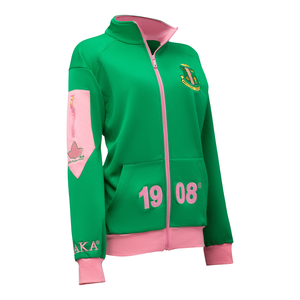 AKA Elite <b>Green</b> Track Jacket with Pink Trim Full Zip Embroidered Crest 1908 Women's Athletic Jacket <b>Green</b> Pink - Product Image 1