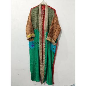 Handmade Silk Patchwork V-neck Drawstring Closure Full Length Soft Breathable Gown Lounge Wear Kimono Party Gown for Women - Product Image 4