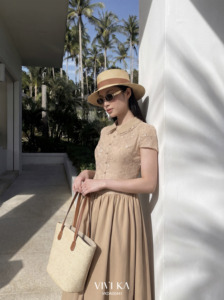 Vestido Midi Beige de Encaje con Cuello Peter Pan para Mujer, Corte Ajustado y Evase, Manga Corta, con Lentejuelas, Estilo Vintage, Transpirable, de Chifón, CINDY - Product Image 3