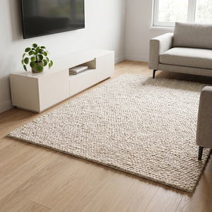 Tapis texturé fait main en laine bouclée tissée à la main, antidérapant, couleur unie, avec support en toile de coton, très demandé - Product Image 3