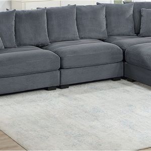 Set Divano Modulare Contemporaneo in Corduroy Grigio Scuro 4 Pezzi con Poltrona Senza Braccioli e Pouf per Soggiorno - Product Image 4
