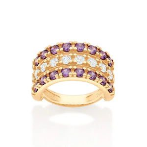 Bague Cocktail Améthyste Plaqué Or 9K Sertissage Pavé Pierres Rondes Bague de Fiançailles Glamour pour Femme Pierre de Naissance de Février - Product Image 1