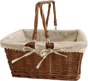 Cesta de Picnic de Mimbre Tejida a Mano con Forro de Tela de Algodón, Cesta Rectangular Sostenible para Almacenamiento y Regalos - Product Image 1