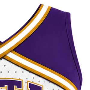 Haut court de cheerleading pour femme, sans manches, col en V, violet, blanc et or, pour performance athlétique, uniforme d'équipe de cheerleading, compétition - Product Image 3