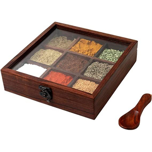 Boîte à épices en bois artisanale en forme de fleur, 7 compartiments, Masala Dabba avec cuillère pour le rangement en cuisine, écologique, vente en gros - Product Image 3