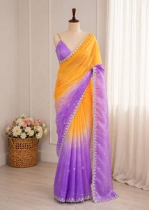 Gradient Orange Purple <b>Satin</b> <b>Saree</b> Embellished Traditional Dress With Unstitched Blouse for Wedding Party - Product Image 5