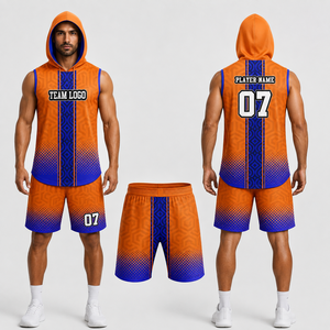 เสื้อเจอร์ซีย์ฟุตบอลแบบมีฮู้ด แขนกุด สำหรับผู้ใหญ่ ทั้งชายและหญิง ระบายเหงื่อได้ดี สีส้มไล่เฉดสีน้ำเงิน พิมพ์ลายแบบ Sublimation สำหรับกีฬา 100% - Product Image 1