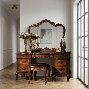 Ensemble <span class=keywords><strong>de</strong></span> coiffeuse <span class=keywords><strong>de</strong></span> luxe en bois massif <span class=keywords><strong>de</strong></span> style baroque français pour suite présidentielle <span class=keywords><strong>de</strong></span> complexe hôtelier, avec finition en feuille d'or personnalisée, mobilier d'équipement hôtelier (FF&E) OEM - Product Image 2