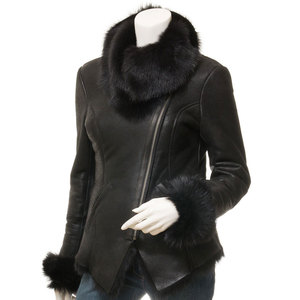 Blouson Moto Femme en Cuir Véritable avec Col et Poignets en Fourrure de Renard, Fermeture Éclair, Coupe-Vent Hiver, Manches Longues – Vente en Gros - Product Image 1