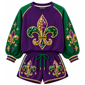 Conjunto de 2 Piezas para Mujer, Sudadera Morada con Cuello Redondo y Pantalones Cortos Verdes con Mangas Raglán, Lentejuelas con Diseño de Flor de Lis, Atuendo para Mardi Gras - Product Image 1