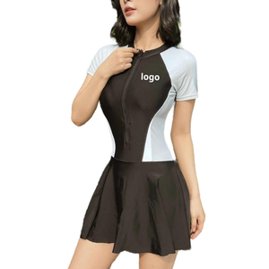 Femmes 2025 couleur foncée Nylon-Spandex une pièce Style imprimé chaud Double couche à manches longues corps robe de bain Fitness maillots de bain - Product Image 5