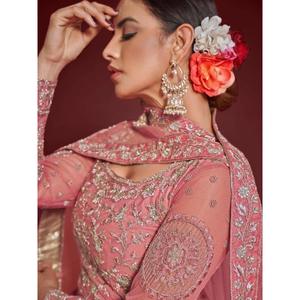 Vêtement Zeel, Lehenga Choli traditionnel semi-cousu en tulle doux brodé rose bonbon - Product Image 3