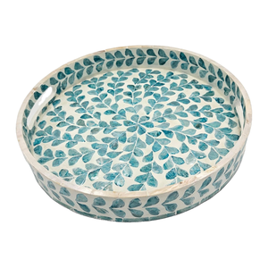 Bandeja de servir redonda de lujo con motivos de viñas en color verde azulado y nácar, exquisita bandeja de mosaico para servir bebidas otomanas, fabricada en Vietnam. - Product Image 1