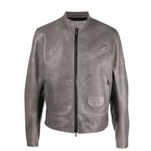 <b>Men's</b> Gray <b>Leather</b> <b>Jacket</b> With Zipper Closure And Pockets Stand Collar Moto Style <b>Leather</b> <b>Jacket</b> Available For Online Sale - Product Image 1