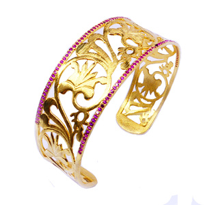 Luxury 24K Solid Gold <b>Cuff</b> <b>Bracelet</b> With Ruby Channel Setting Plant Pattern Women's Party Jewelry - Product Image 2