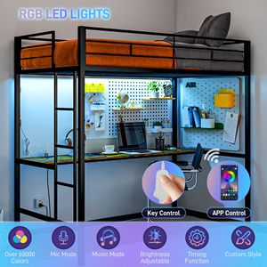 Letto a soppalco matrimoniale in metallo nero con luci LED, stazione di ricarica, scaletta, scrivania integrata e postazione computer - Product Image 4