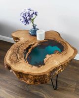 Table basse en bois époxy moderne faite à la main, pieds en fer, design à bords naturels, écologique, durable, montage facile, meubles de salon