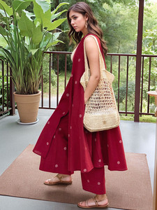 <b>Women</b> Red Polka Dot Rayon <b>Kurta</b> Set with Trouser Regular Fit Knee-Length Traditional Summer Wear Quick Dry India Pakistan Style - Product Image 4