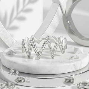 Women Heartbeat Zigzag Band Round Brilliant Cut 925 Silver <b>Fine</b> <b>Ring</b> - Product Image 1