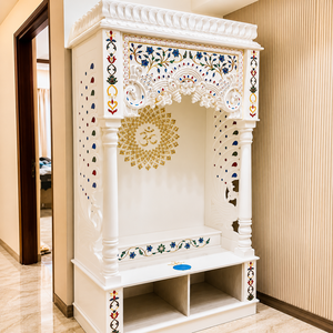 Luxury Hand Carved Makrana Marble Traditional Design Pooja <b>Mandir</b> Home | LED Backlit Om Symbol Floor Mount - Product Image 5