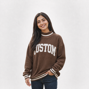 Pull en tricot surdimensionné pour femme, col rond, manches longues, imprimé lettres personnalisé, coton marron, vêtements d'automne - Product Image 1
