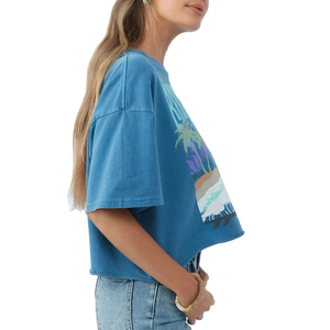 Haut court bleu à col rond pour femme, manches courtes, coupe classique, décontracté, en Spandex/Coton respirant, motif vague de la côte ouest, style estival - Product Image 2