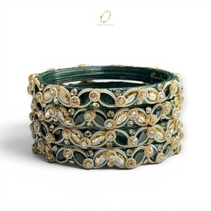 Indian <b>Crystal</b> Green Stone Premium Kashmiri Glass Bangles for Women Wedding & Festival Wear at Wholesale Price - Product Image 1