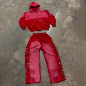 Ensemble de survêtement pour homme style vintage délavé à l'acide avec fermeture éclair, étoiles en strass personnalisées, ensemble de survêtement à capuche long et pantalon de survêtement ample - Product Image 1