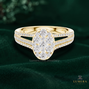 Elongated Round Lab Grown Diamond Cluster <b>Ring</b> With Triple <b>Split</b> Shank, Full Pave Strands Elevated Center Prong Set Promise <b>Ring</b> - Product Image 2