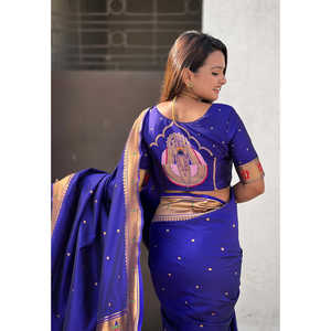 Sari de Seda Paithani Mahalaxmi Tejido con Hilo Zari Violeta, 650g, Tejidos de Primera Calidad, Ropa India y Pakistaní - Product Image 3