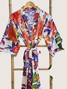 Bata Larga Estampada Floral para Mujer, Manga Tres Cuartos, Cuello en V, 100% Poliéster, Suave, Informal, para Verano, con Cierre de Cordón - Product Image 4