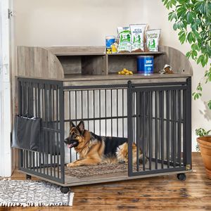 Grande cage pour chien en bois robuste avec roues verrouillables et design de table d'appoint - Product Image 1