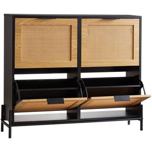 Mobiletto Salvaspazio per Ingresso Stretto con 4 Cassetti Ribaltabili, Scarpiera in Rattan con Gambe Sottili in Metallo e Ripiani per Scarpe - Product Image 1