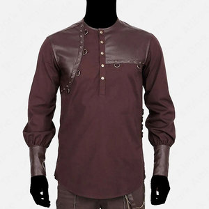 Factory Supplies <b>Men's</b> Gothic Shirt Vintage Cotton Blend Soft Fabric Faux Leather Patchwork Top Long Sleeve D-Ring Outfit - Product Image 3