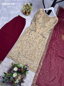 Premium Quality Party Wear Fancy <b>Silk</b> with Embroidery Sequence work Plazzo-<b>Kurta</b> & Dupatta Set Woman Fashion Supplier from India - Product Image 2